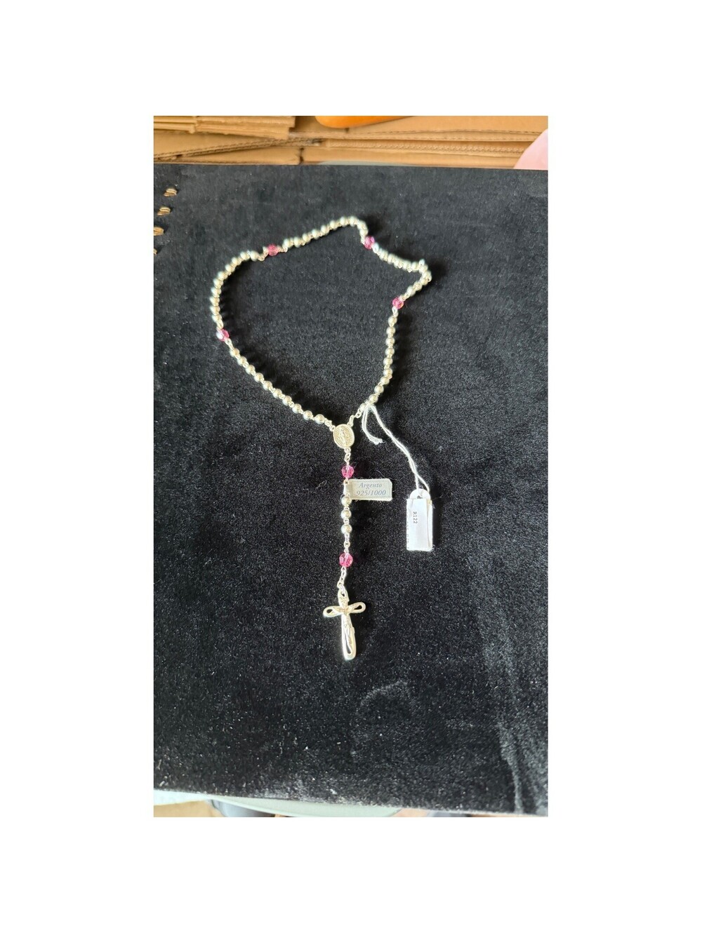 Argento 925 Sterling Silver Rosary Necklace Pink Crystal Beads R122 NEW